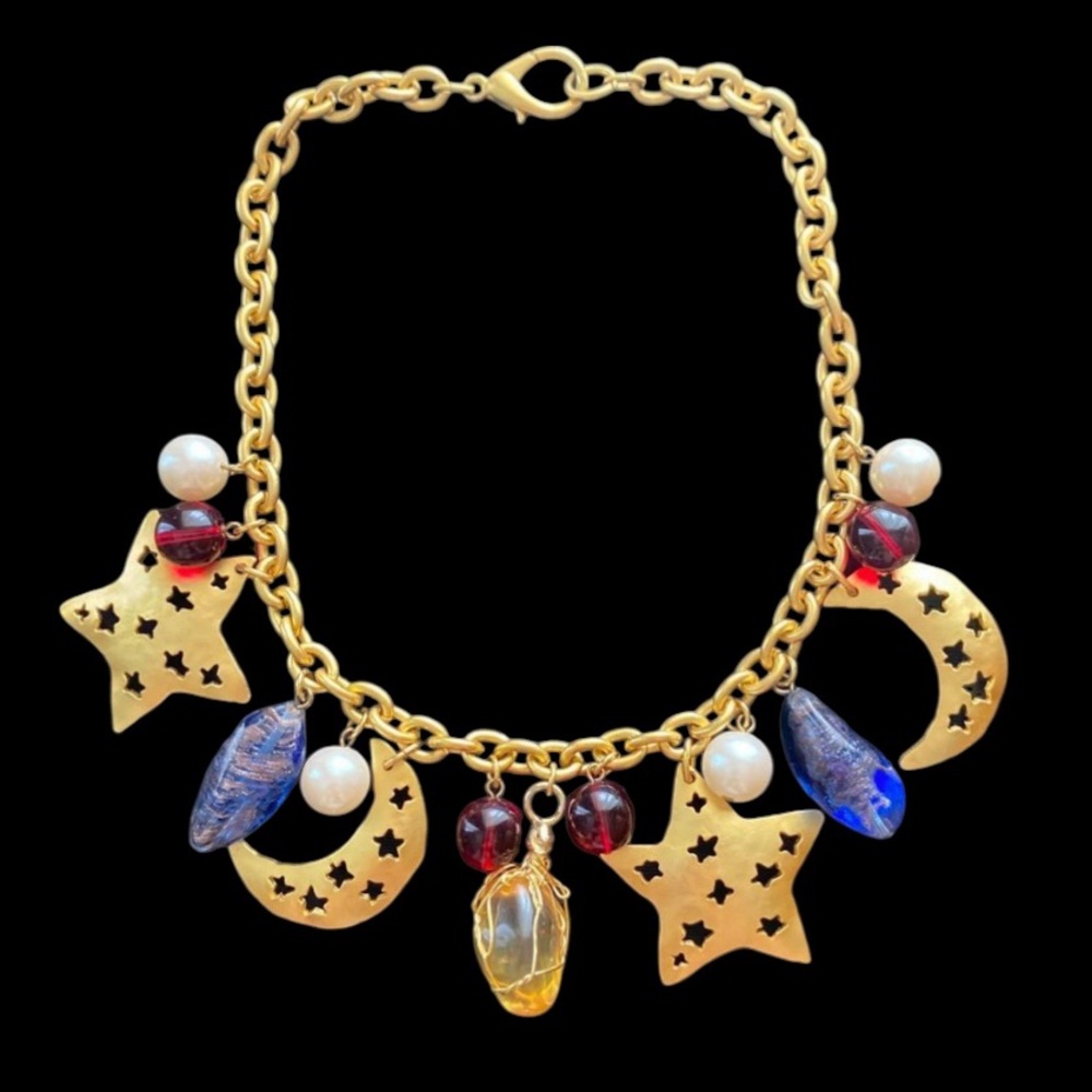 Kenzo Vintage Rare Gold Star and Moon Charm Necklace